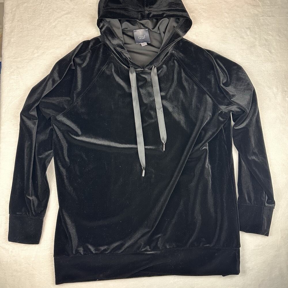 Lyssé Womens M Black Velvet Velour Hoodie Pullover Stretch Luxe Athleisure